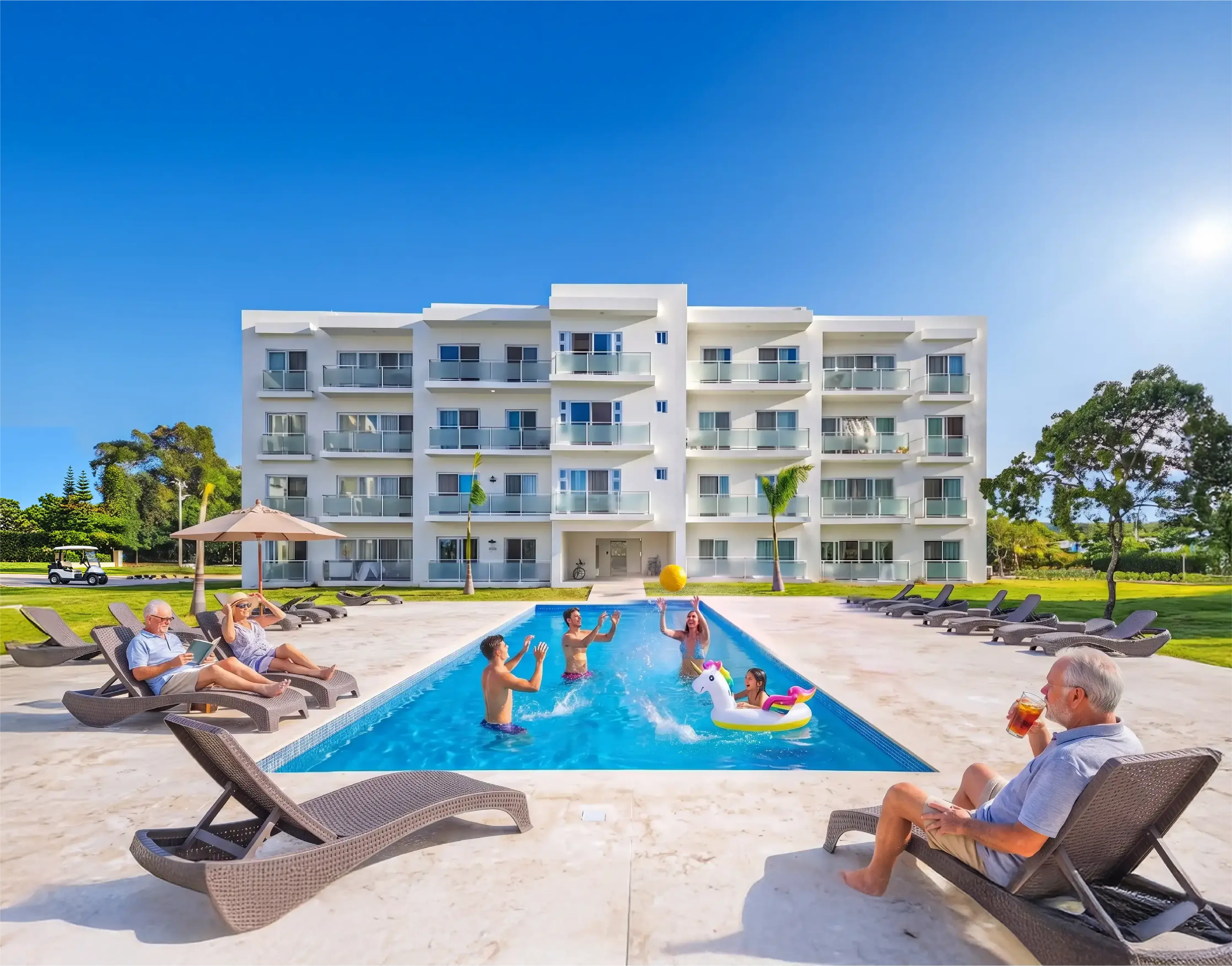 Residents enjoying the pool at a modern condominium community